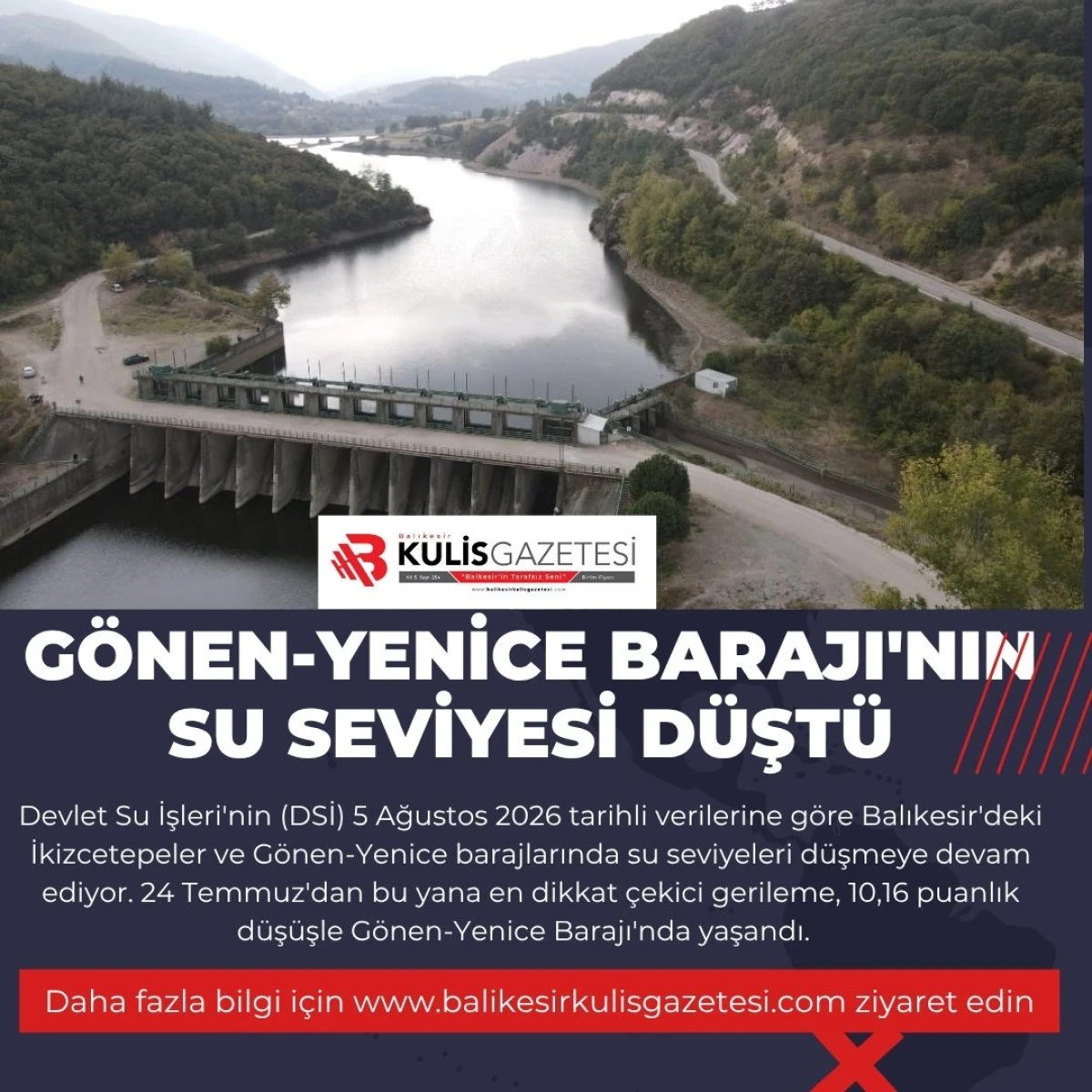 G&ouml;nen-Yenice Barajı'nın Su Seviyesi D&uuml;şt&uuml;